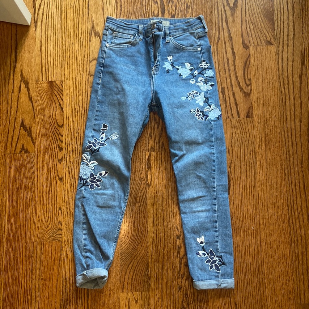 Top Shop brand high rise ankle cut embroidered jeans